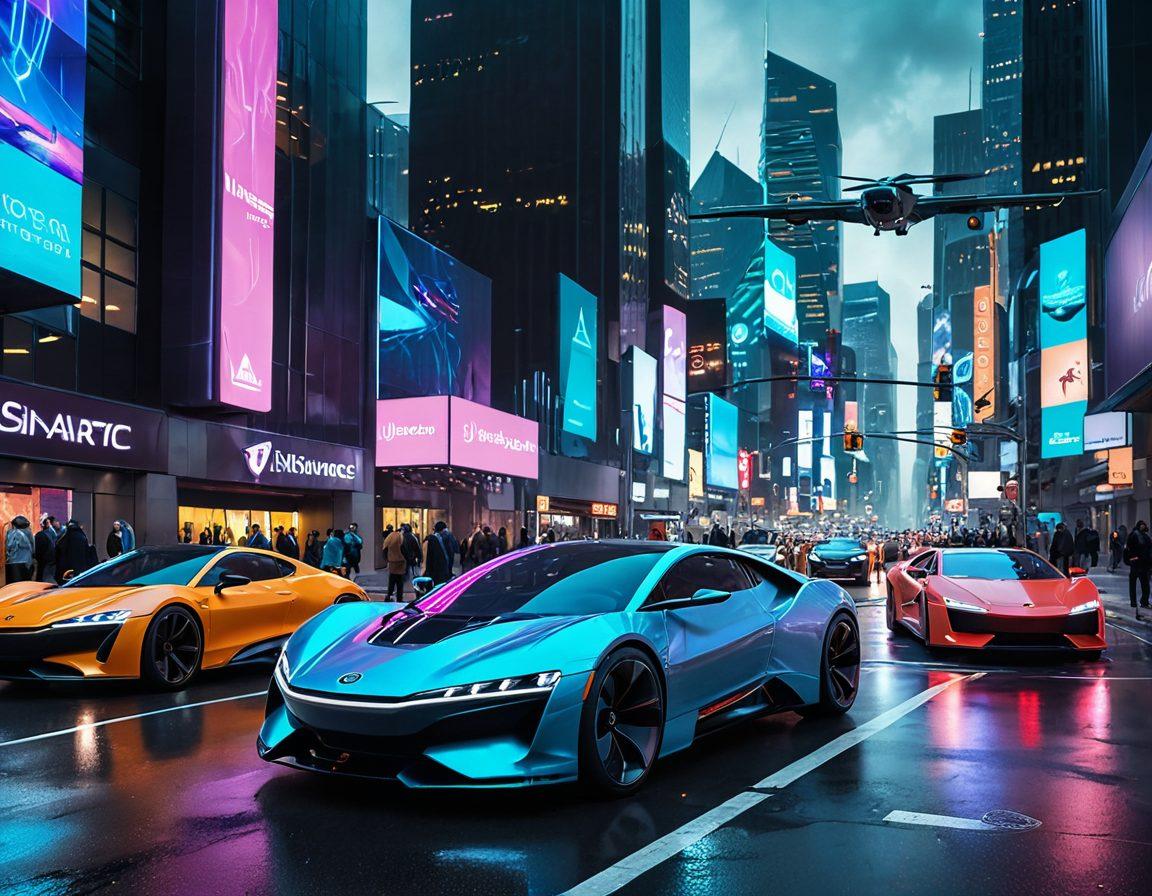 A futuristic cityscape with cars using advanced technology, showcasing seamless auto insurance transactions happening in digital holograms above each vehicle. Incorporate diverse drivers engaging with intuitive devices and enjoying peace of mind. Add elements like smart roads and drone surveillance in the background. vibrant colors. cyberpunk.