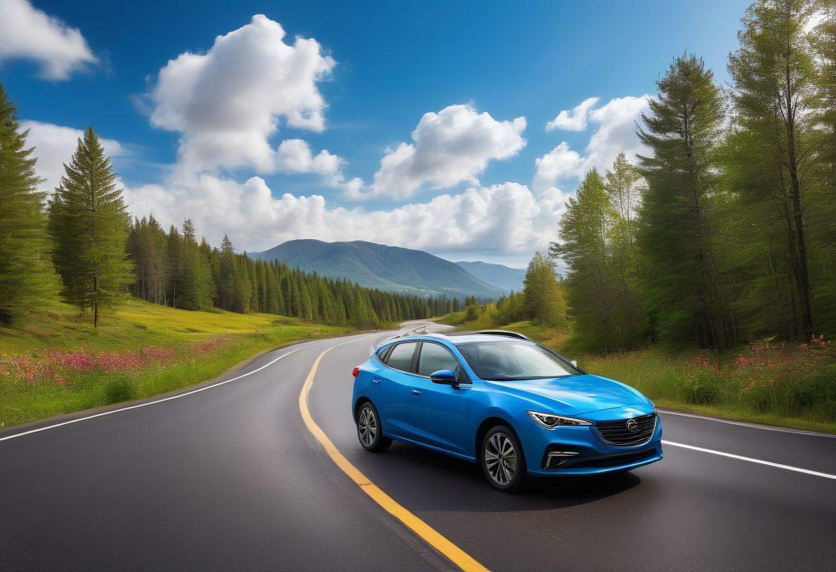 A serene landscape featuring a winding road symbolizing the journey of navigating auto insurance, with a bright blue sky and fluffy clouds overhead. On one side, showcase a car driving smoothly, while on the other, a friendly insurance advisor gestures towards a roadmap filled with policy icons. Include elements like renewal contracts and checklists, depicting clarity and guidance. Bright, inviting colors and a reassuring atmosphere. super-realistic. vibrant colors.